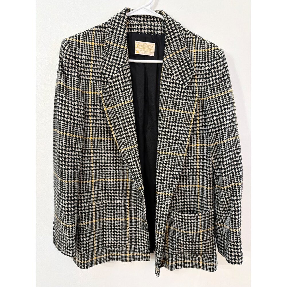 Pendleton Women 8 Vintage Wool Houndstooth Plaid Blazer Jacket Black White Yello